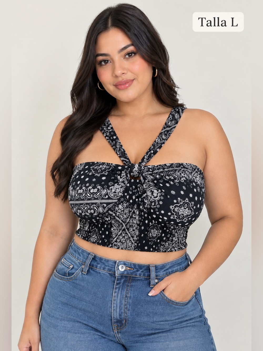 Tie-Front Black Bandana Print Crop Top